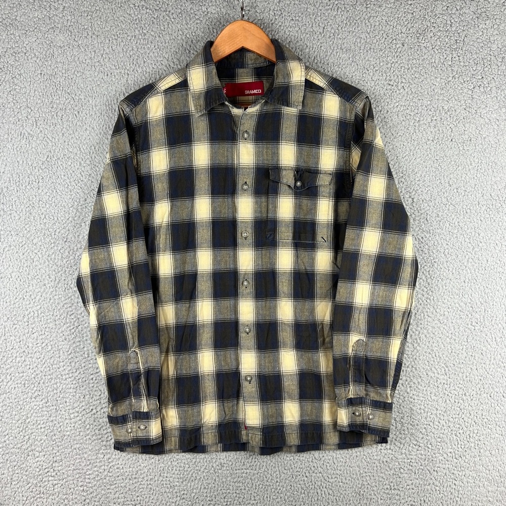 Gramicci Long Sleeve Button Up Shirt Mens Medium Navy Blue Beige Plaid